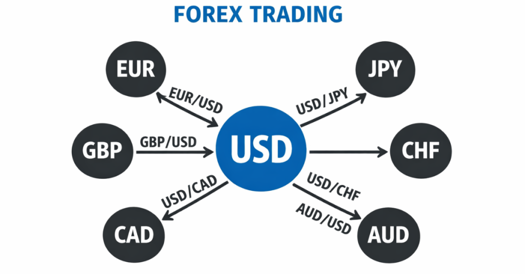 Major world currencies and forex currency pairs list visualization