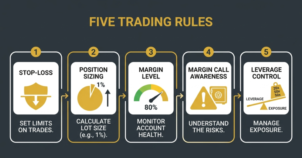 core rules of margin trading including stop loss and leverage control infographic