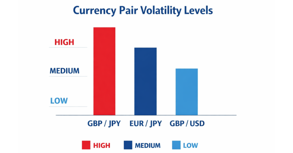 Most volatile forex pairs comparison chart including GBP/JPY and EUR/JPY