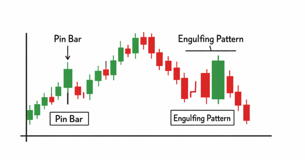 Price action candlestick patterns including pin bar and engulfing pattern