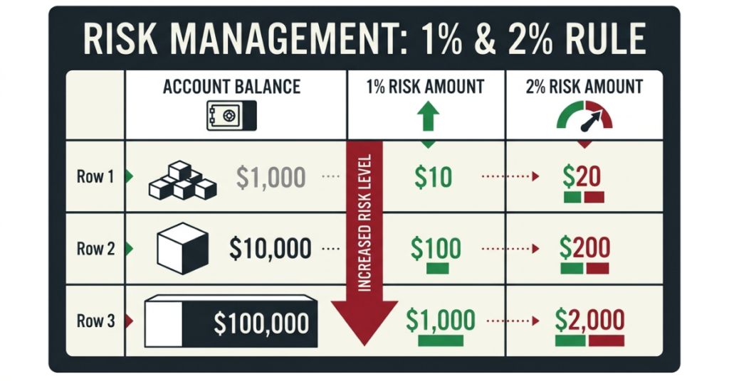 1 percent and 2 percent risk per trade table for different account sizes