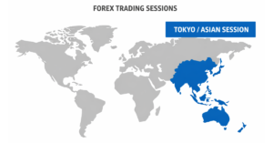 Tokyo session forex trading hours map showing Asian market activity and trading session zones