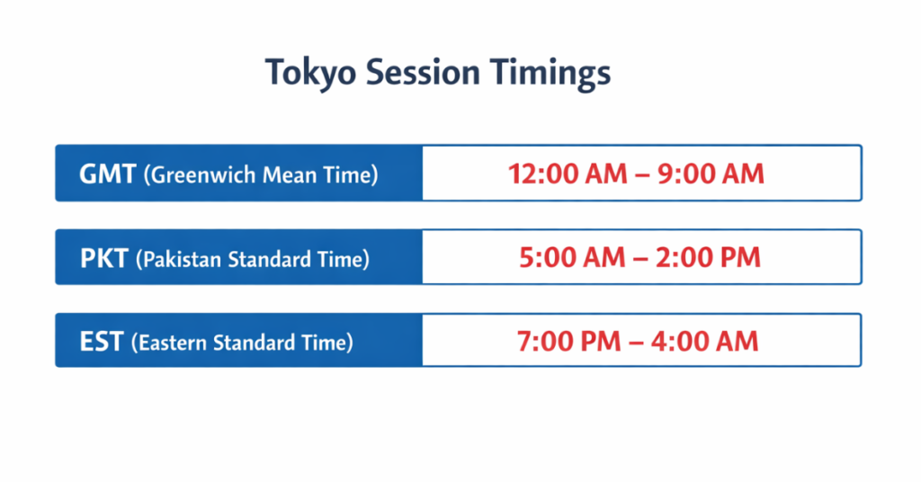 Tokyo session trading hours in GMT PKT and EST forex market schedule explained