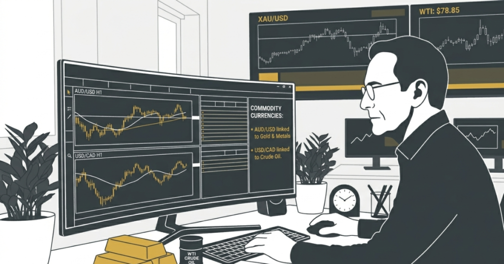 AUD/USD and USD/CAD commodity currency forex trading charts
