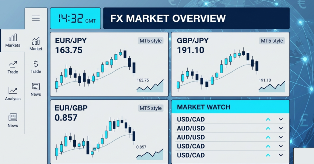 Cross currency pairs displayed on a forex trading platform with live charts