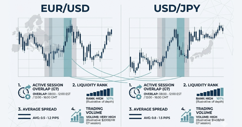 EUR/USD and USD/JPY forex trading charts showing major pair volatility and liquidity