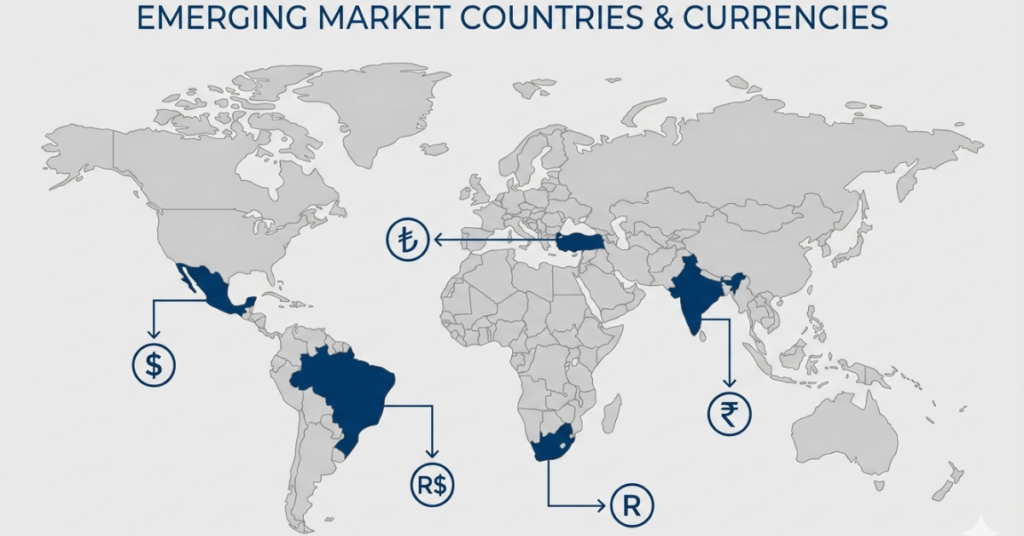 exotic currency pairs countries map showing emerging market currencies