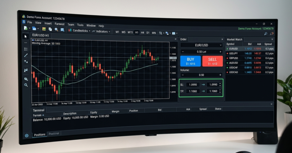 Forex demo account on MT5 showing major currency pairs and beginner trading setup