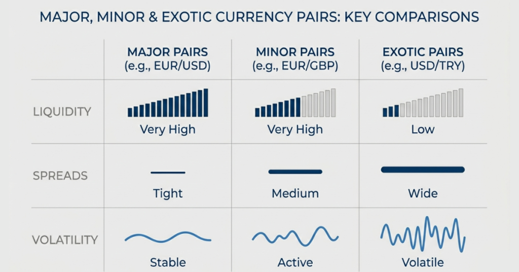 difference between major minor and exotic currency pairs comparison