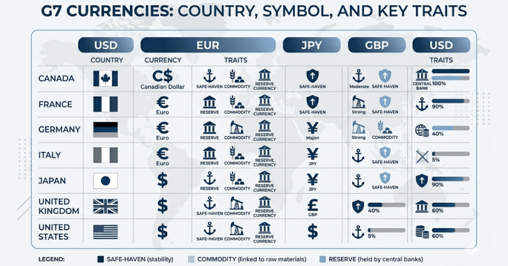 g7 currencies explained with symbols and country flags infographic