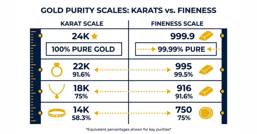 gold purity explained karat vs fineness comparison chart