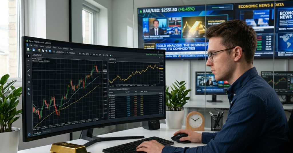 Beginner analyzing XAUUSD gold trading charts and market trends