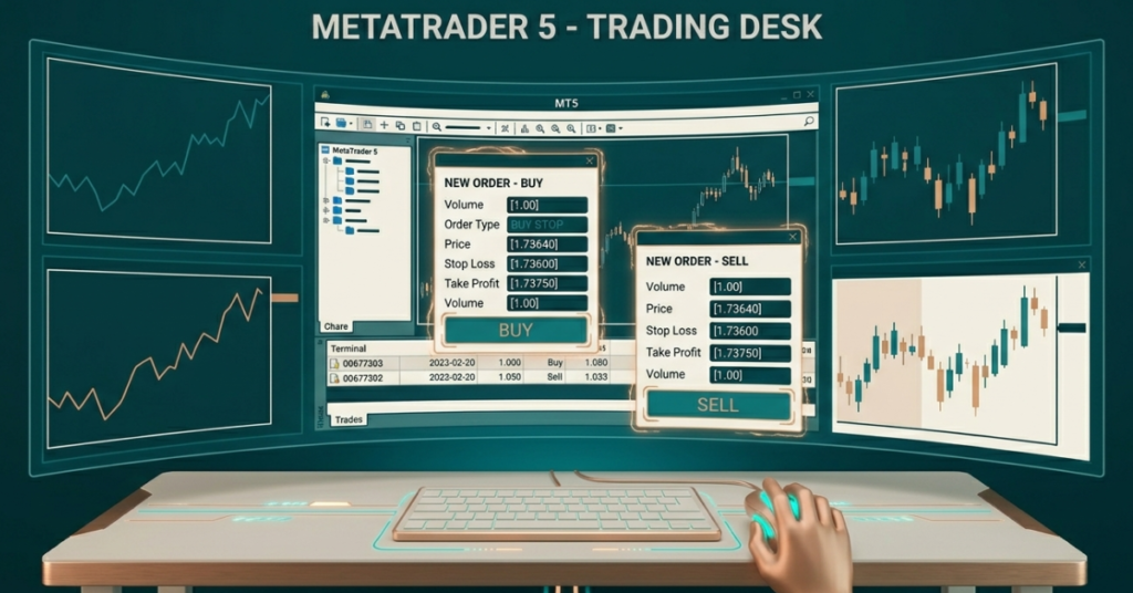 Trader executing a forex trade on MetaTrader 5 (MT5) platform