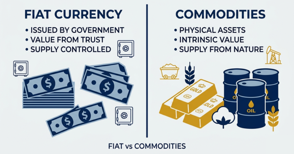 Comparison between cash fiat currency and commodities like gold and oil