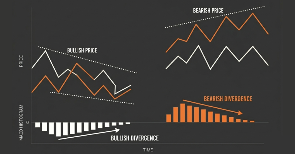 Bullish and bearish MACD divergence on forex trading chart