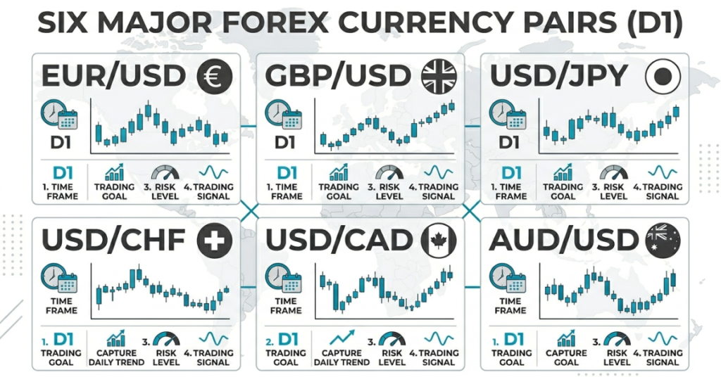 6 major currency pairs in forex displayed on trading charts and market dashboard