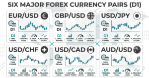 6 major currency pairs in forex displayed on trading charts and market dashboard