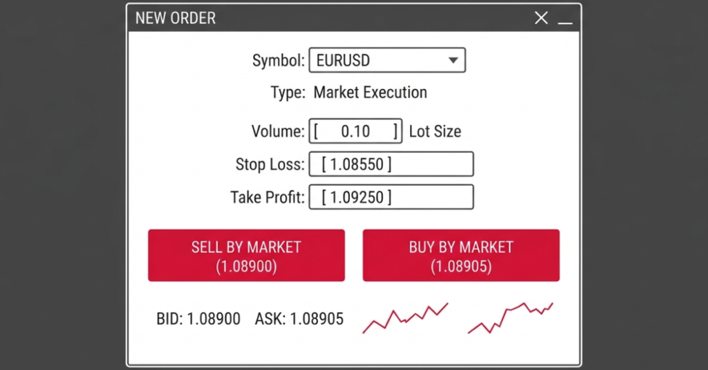 MT5 new order window with trade execution settings