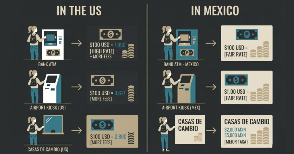 Comparison of peso exchange rates in the US and Mexico