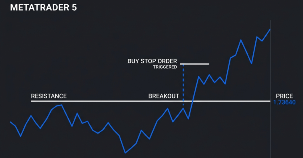 Buy stop order triggering on a forex breakout chart in MT5