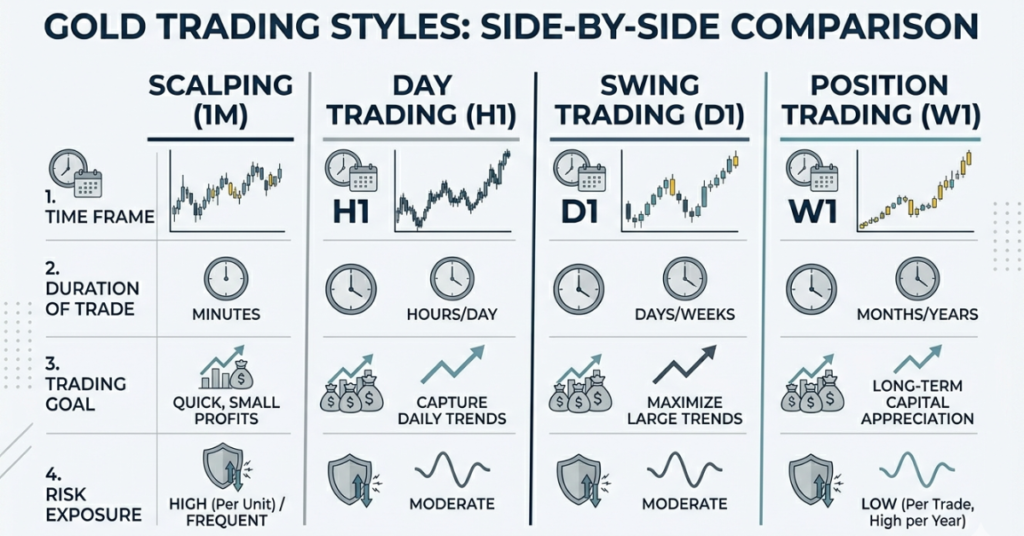 XAUUSD trading styles comparison chart showing profit targets and risk levels