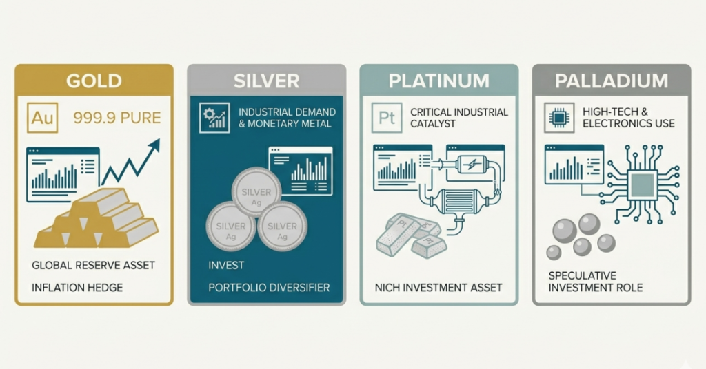 Gold silver platinum and palladium examples of monetary commodities