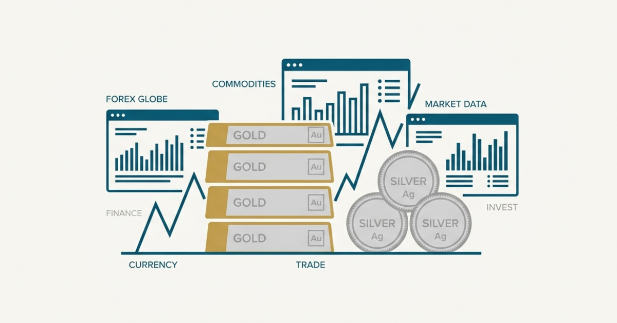 Gold and silver monetary commodities with trading charts and global financial markets