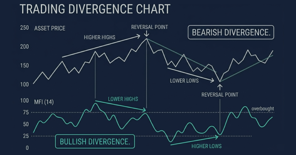 Money flow divergence example used to identify potential market reversals