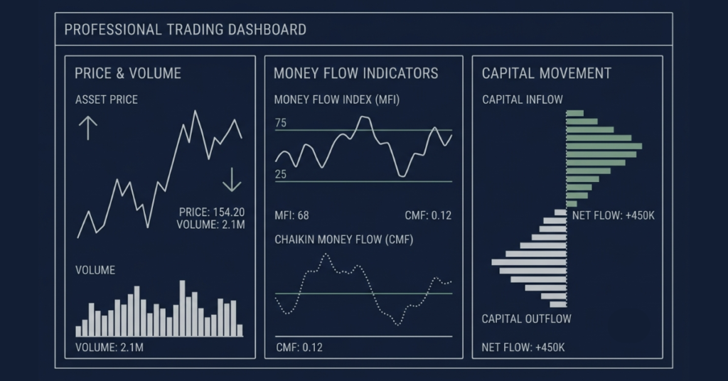 Money flow analysis showing how traders identify market direction using volume