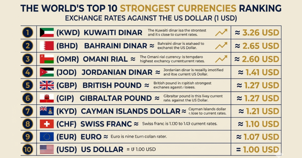 Ranking of the world's strongest currencies by value against the US dollar