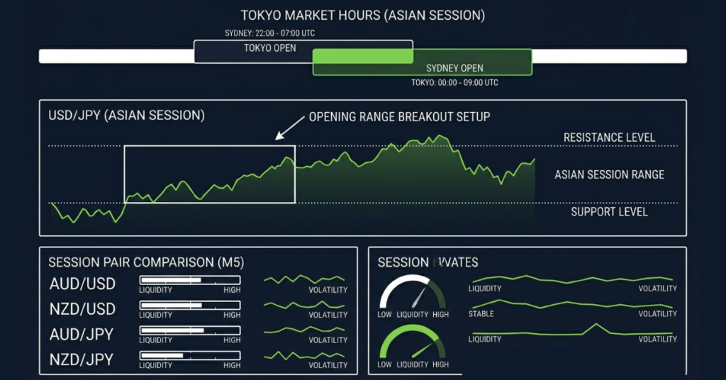 Asian session forex trading strategy showing range trading and opening range breakout examples.