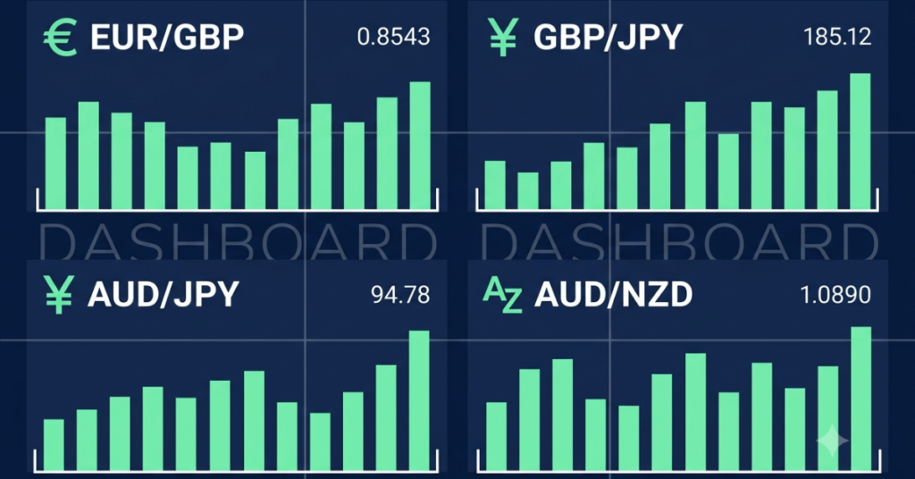Best forex cross pairs including EUR/GBP, GBP/JPY, AUD/JPY and AUD/NZD displayed on trading platform
