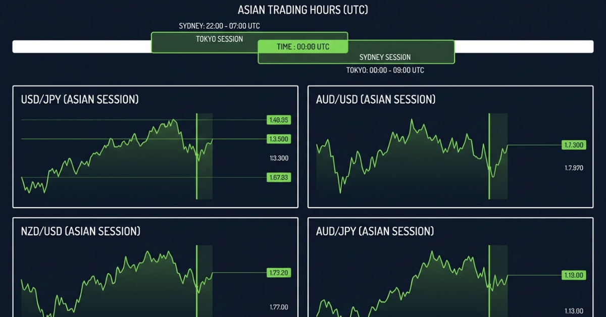 Best forex pairs for the Asian session including USD/JPY, AUD/USD, NZD/USD, and AUD/JPY during Tokyo and Sydney trading hours.