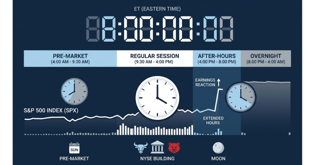 Illustration showing S&P 500 after-hours trading with futures, ETFs, and extended market sessions
