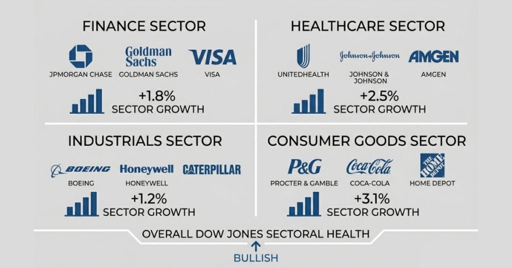 Dow Jones Industrial Average blue-chip companies across multiple sectors