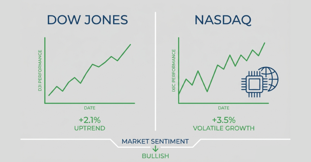 Dow Jones vs Nasdaq comparison showing differences between the two major U.S. stock market indexes