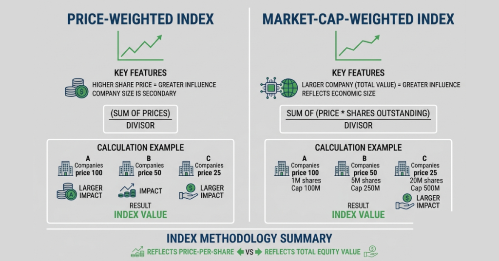 Difference between price-weighted Dow Jones and market-cap-weighted Nasdaq indexes