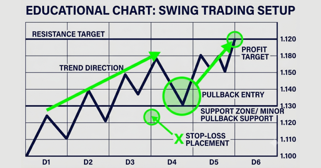 Forex swing trading setup showing trend, pullback entry, stop loss and profit target