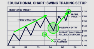 Forex swing trading setup showing trend, pullback entry, stop loss and profit target