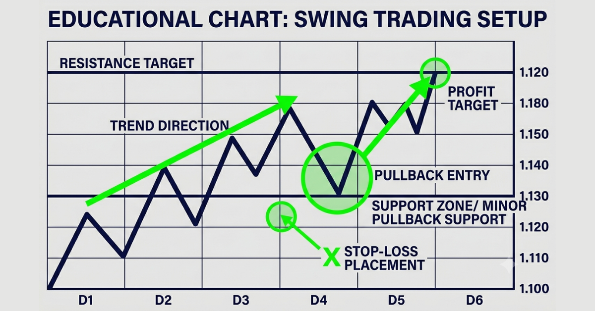 Forex swing trading setup showing trend, pullback entry, stop loss and profit target