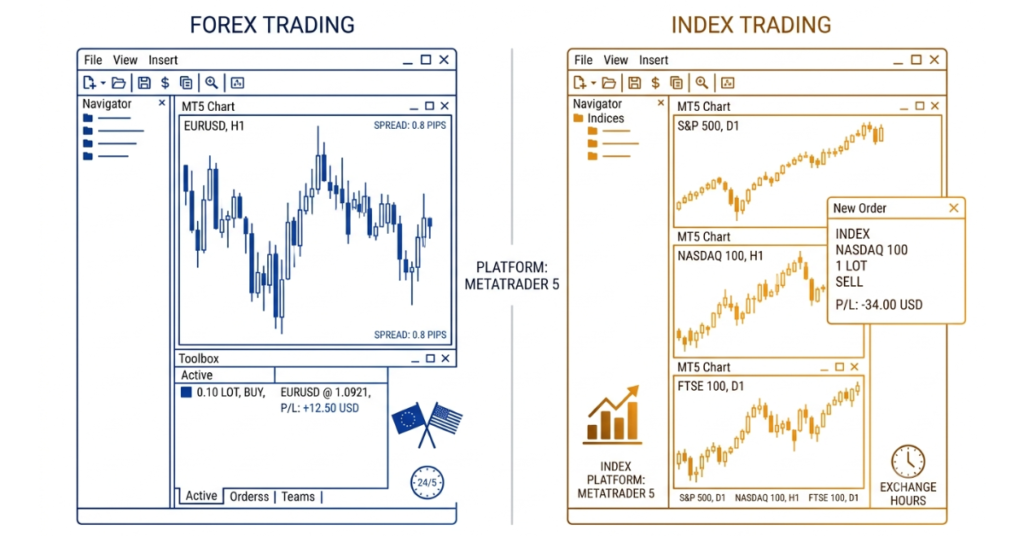 Comparison of forex trading and index trading showing currency pairs and stock market indices