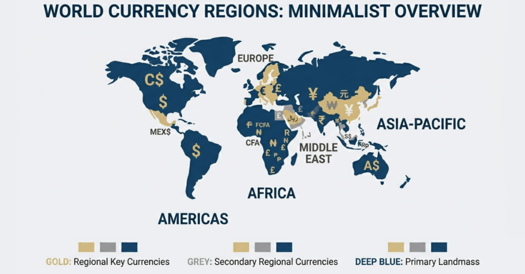 World currencies categorized by geographic regions