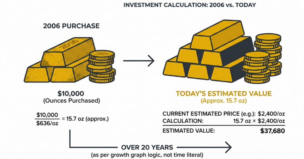 Gold investment calculation from 2006 to 2026

