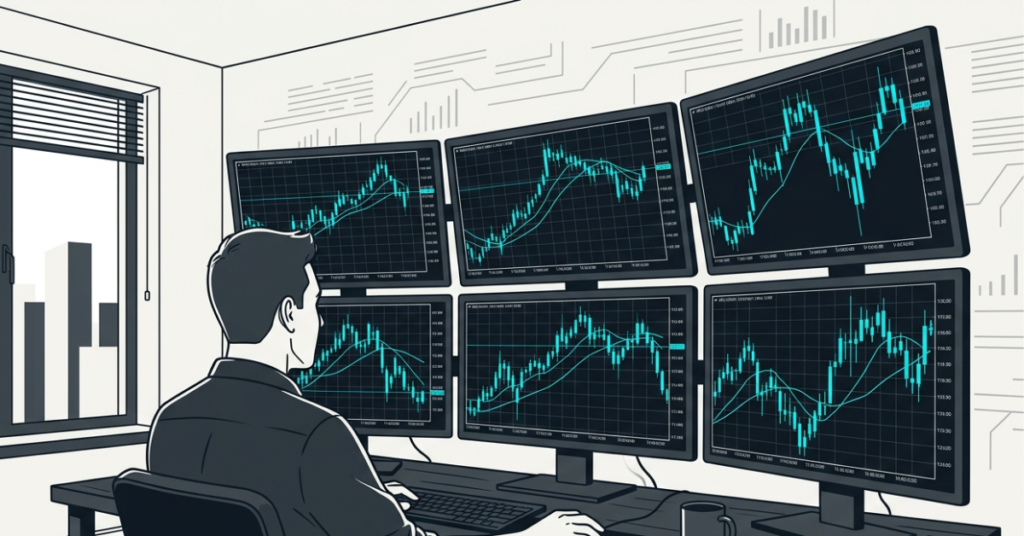 Trader analyzing live charts on MetaTrader 5 while day trading financial markets