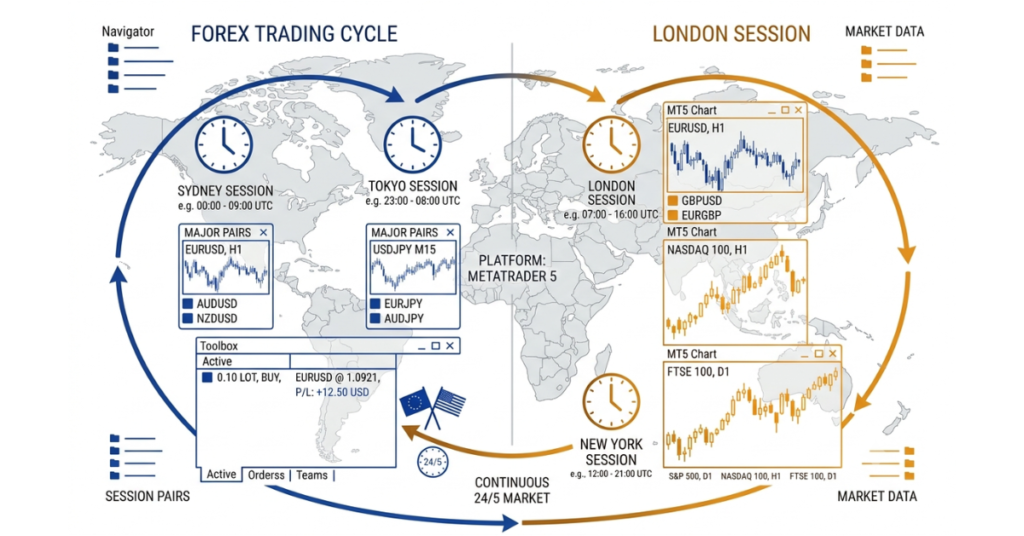 Global forex trading sessions showing how the market operates nearly 24 hours a day
