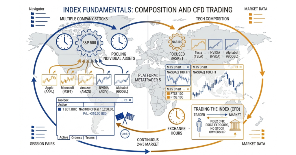 Diagram explaining how stock indices track multiple companies and are traded as CFDs