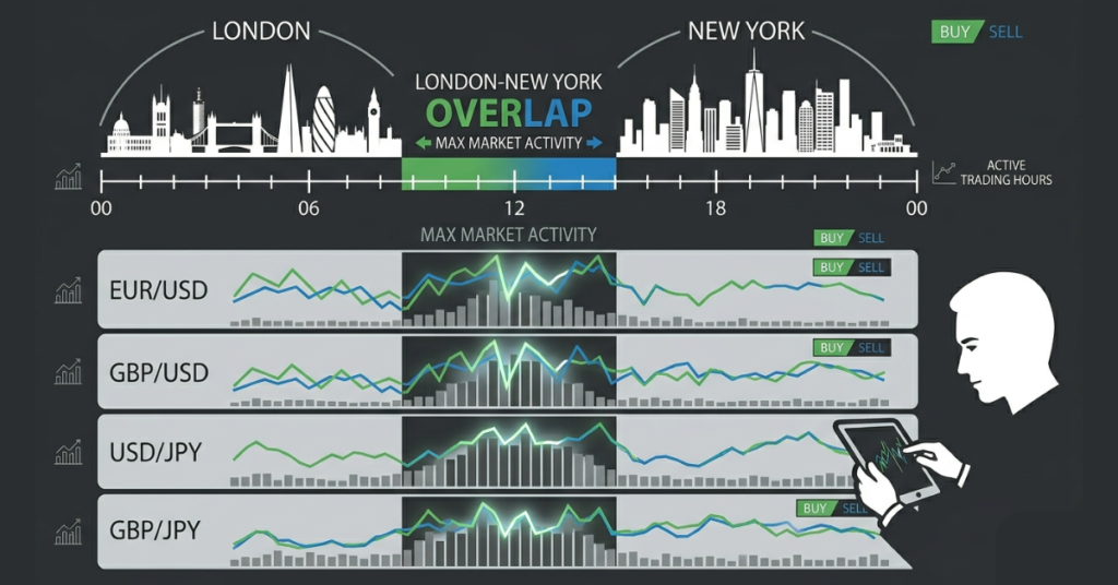 London-New York trading session overlap showing the best time to day trade forex pairs.