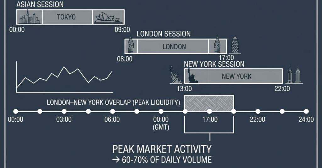 London and New York session overlap showing peak forex trading activity hours