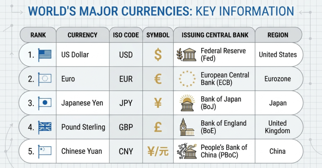 Major world currencies with ISO codes and central banks