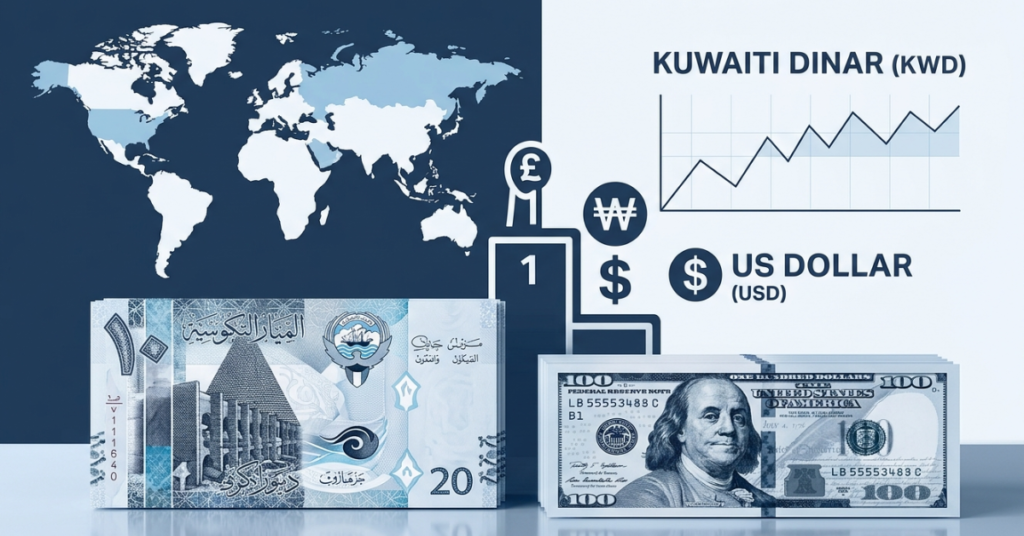 Kuwaiti Dinar compared with US Dollar as the world's most valuable currency by exchange rate